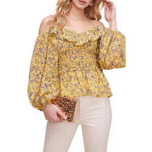ASTR Ruffle Off The Shoulder Smocked Top Yellow Floral Size XS